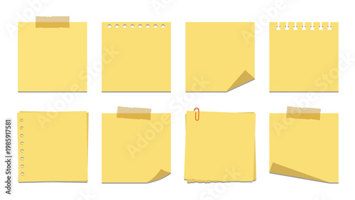 Isolated Sticky Note Illustration Set Yellow Memo Paper Collection with Tape Clip and Fold Effects Flat Style Reminder Notes for Design
