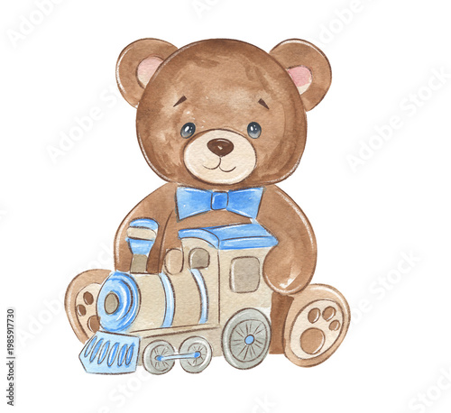 Cute bear plays with block in watercolor art