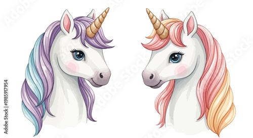 Watercolor unicorn duo portrait with colorful manes and golden horns illustration
