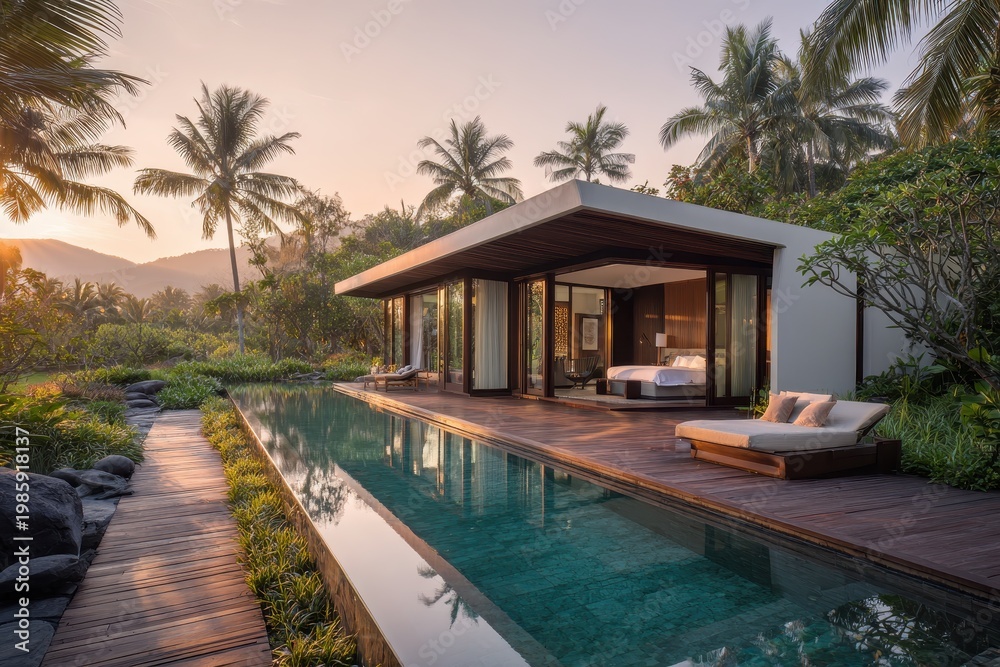 Fototapeta premium Open-plan tropical villa: pool, greenery, and bright interior bedroom