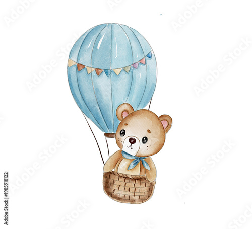 Teddy bear in a hot air balloon flying above a green landscape