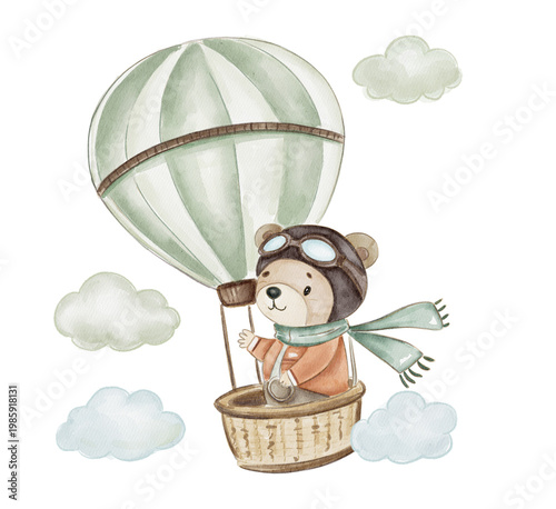 Teddy bear in a hot air balloon flying above a green landscape