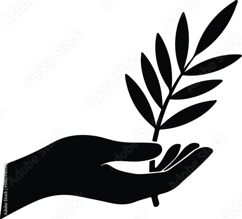 Silhouette human hand holding olive branch minimalist flat vector design