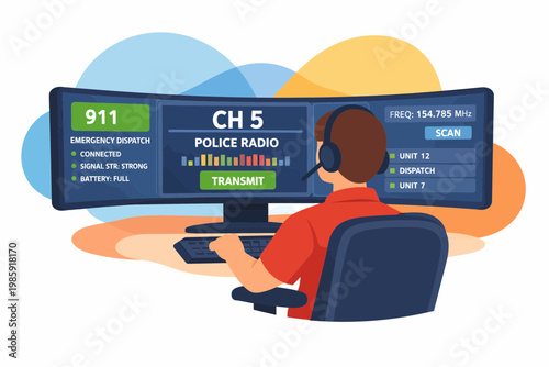 911 Emergency Dispatcher Working at Control Center with Wide Monitor