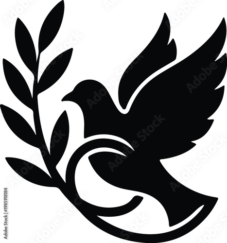 Silhouette flying dove holding olive branch minimal peace symbol vector design