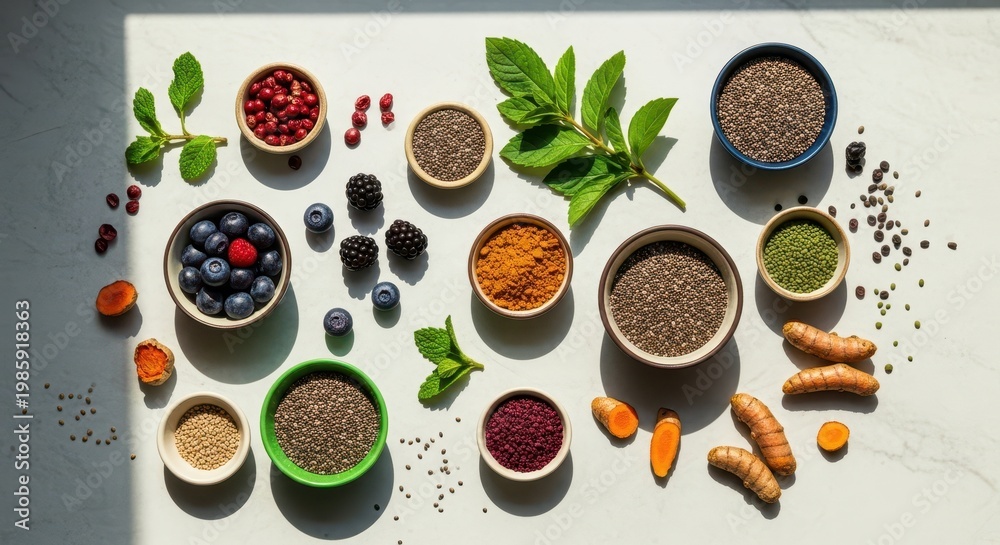 Naklejka premium Assorted Superfoods and Spices in Ceramic Bowls with Fresh Mint Leaves and Turmeric Root on White Background, Healthy Nutrition, Organic Berries, Seeds, and Antioxidant Ingredients