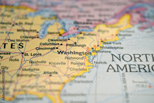 Washington DC Highlighted on Blurred World Map – National Capital Landmark Location Concept