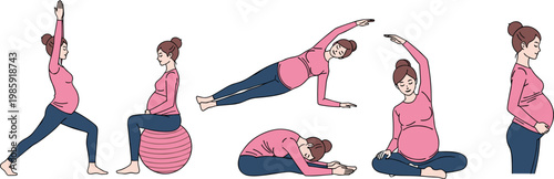 Pregnancy yoga vector illustration set with pregnant woman exercising fitness poses and prenatal wellness lifestyle collection