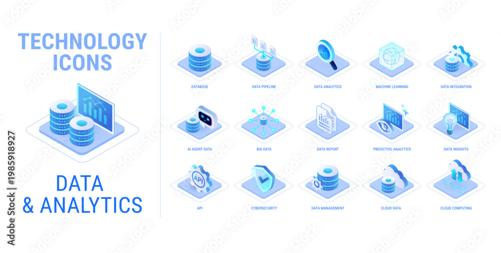 Fototapeta premium Technology icons set for Data Analytics workflow diagram - isolated on white background - AI and data, AI agent data, machine learning, API cloud, cybersecurity - high quality isometric vector