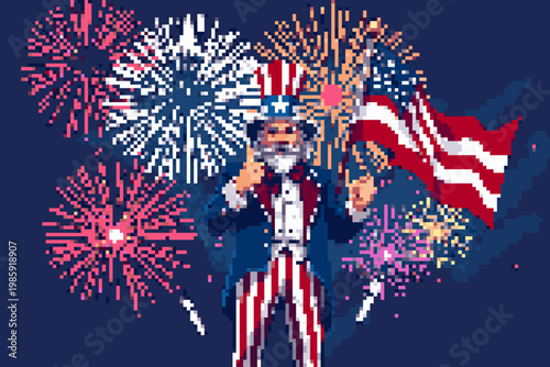 Pixelated Uncle Sam Celebrating Independence Day with Fireworks and Flag.