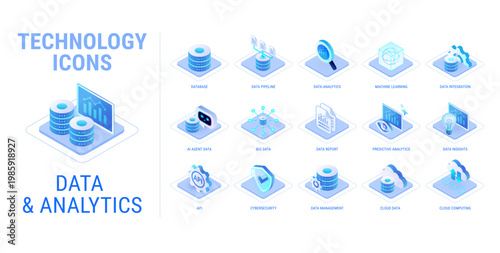 Technology icons set for Data Analytics workflow diagram - isolated on white background - AI and data, AI agent data, machine learning, API cloud, cybersecurity - high quality isometric vector