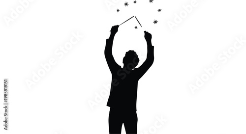 Silhouette of happy man throwing confetti in celebration joyful festive moment with stars