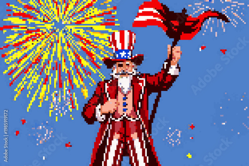 Pixel Art of Uncle Sam Celebrating Independence Day with Fireworks