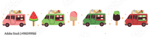 Ice cream trucks and popsicles horizontal border in flat hand-drawn style. Vector illustration of colorful food vans, watermelon ice and chocolate gelato for summer beach banner, kids party header and