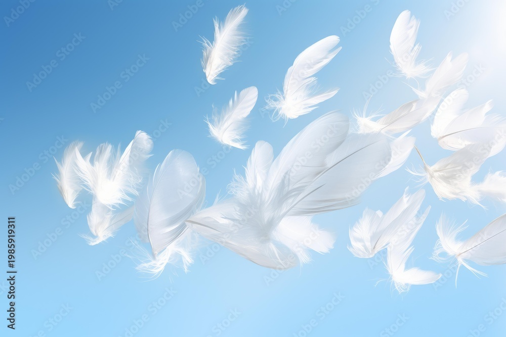 Naklejka premium White feathers gently floating and scattering against a clear blue sky background