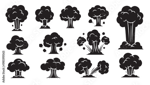 Collection of mushroom cloud explosion icons with explosion effect, blast wave
