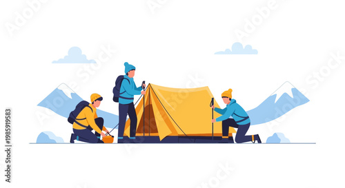 Group of Campers Setting Up Tent in Mountain Landscape