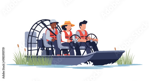 People Enjoying Airboat Ride on Water in Nature Setting