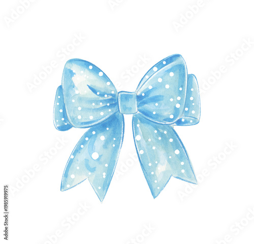 Blue ribbon with white dots created in watercolor style