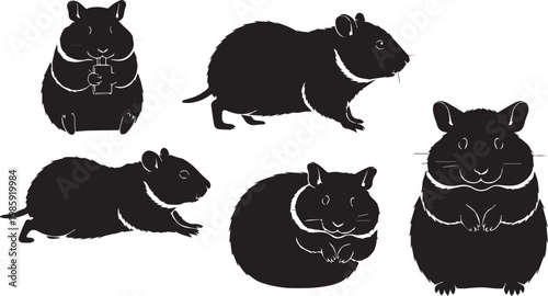 A set of black silhouettes of guinea pigs in various poses on a white background