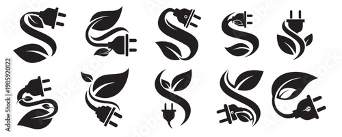 Set of eco-friendly energy icons featuring plugs and leaves, electricity