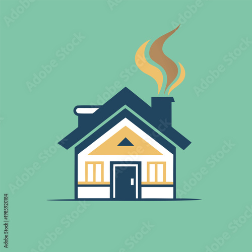 Stylized house with smoke coming from chimney on a teal background, flat design