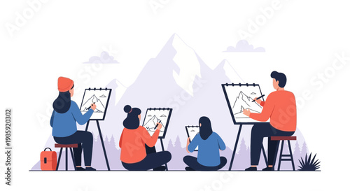 Young Artists Sketching Mountain Landscape in a Creative Workshop
