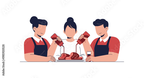 Three Waitstaff in Uniform Serving Food at Restaurant