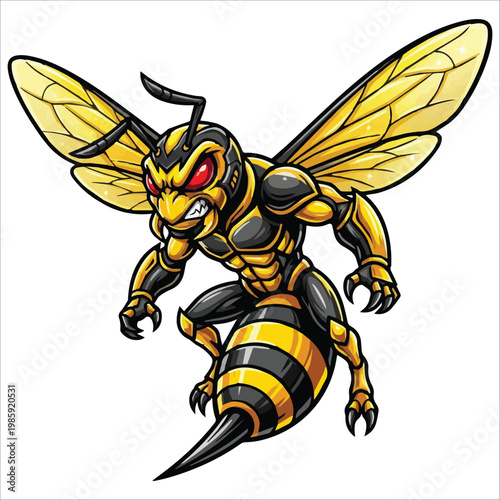 Fierce Yellow and Black Wasp Illustration with Angry Red Eyes and Sharp Stinger