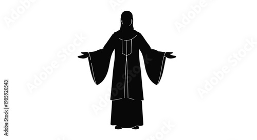 Silhouette of a person wearing a traditional Middle Eastern or Islamic abaya robe, standing with arms outstretched in a neutral white background, symbolizing freedom, peace, or spirituality