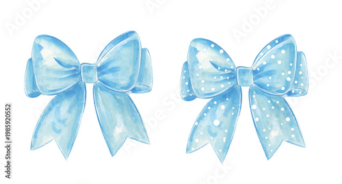 Blue ribbon with white dots created in watercolor style