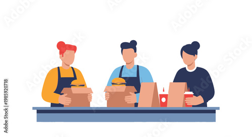 Customer Service Staff with Food and Drinks at Counter