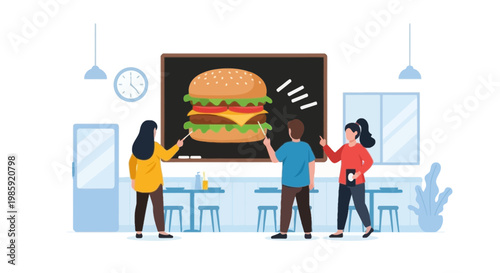 Group of friends watching a large digital burger illustration in a modern cafe