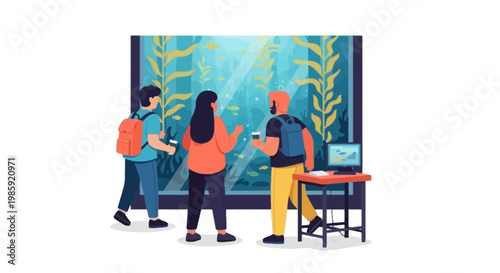 Group of People Viewing a Large Aquarium in an Indoor Exhibit