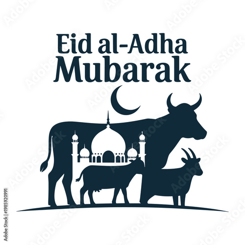 Eid aladha mubarak celebration with cow goat and mosque silhouette