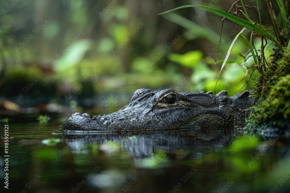 Obraz premium Wildlife in shallow water: alligator resting in murky swamp among green vegetation