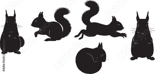 A set of black silhouettes of squirrels in various poses on a white background