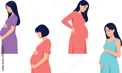 Pregnant women vector set with different poses holding belly maternity lifestyle and motherhood illustration collection