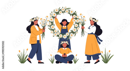 Group of Women Celebrating with Floral Wreath in a Nature Setting