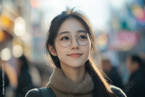 Young Asian Woman Looking Up in Busy City Street