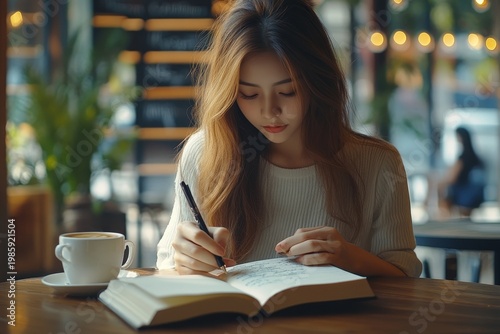 Young Woman Writing in Journal at Coffee Shop