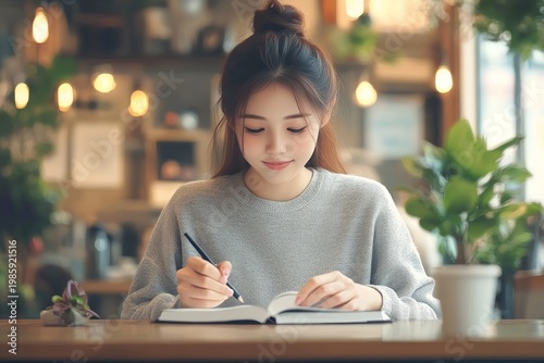 Young Woman Writing in Journal at Cozy Cafe - Lifestyle and Creativity
