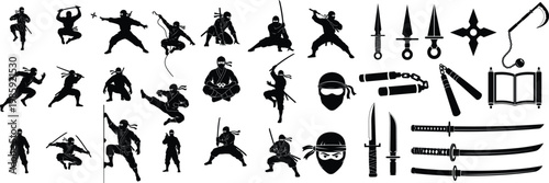 Black Silhouette Ninja Warrior Collection with Action Poses Weapons and Combat Moves for Martial Arts