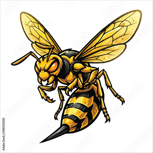 Angry yellow wasp with sharp sting and menacing eyes ready to attack, illustration for insect or danger related topics