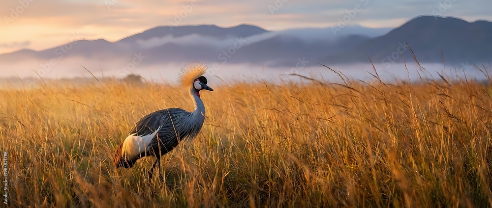 Naklejka premium Grey crowned crane standing in golden grassland at sunrise with misty mountains in background creating serene African wildlife landscape scene.