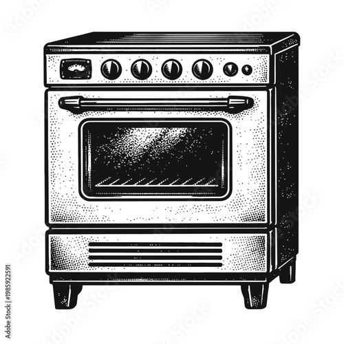 Black and white illustration of a modern electric oven with four burners and a large window on the front door for easy viewing