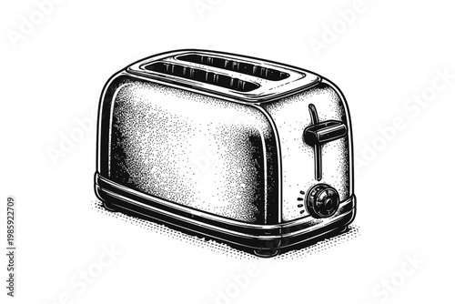 A black and white illustration of a classic two-slice toaster with a shiny metal finish and simple controls on a clean white background.