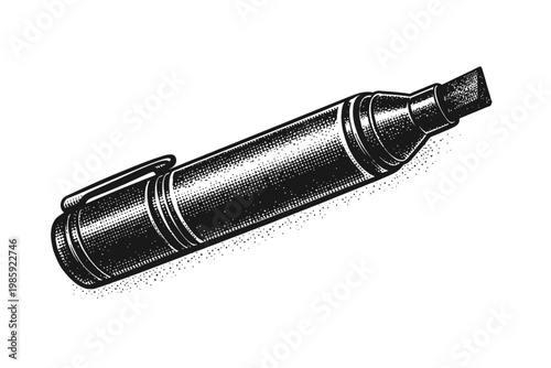 Black and white illustration of a flashlight with a handle on the side, angled on a white background with shading and texture