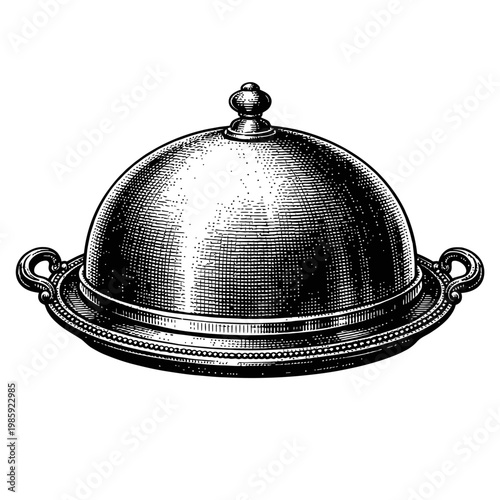Vintage illustration of a silver cloche on a platter with handles, perfect for serving food in a restaurant or at a formal event.