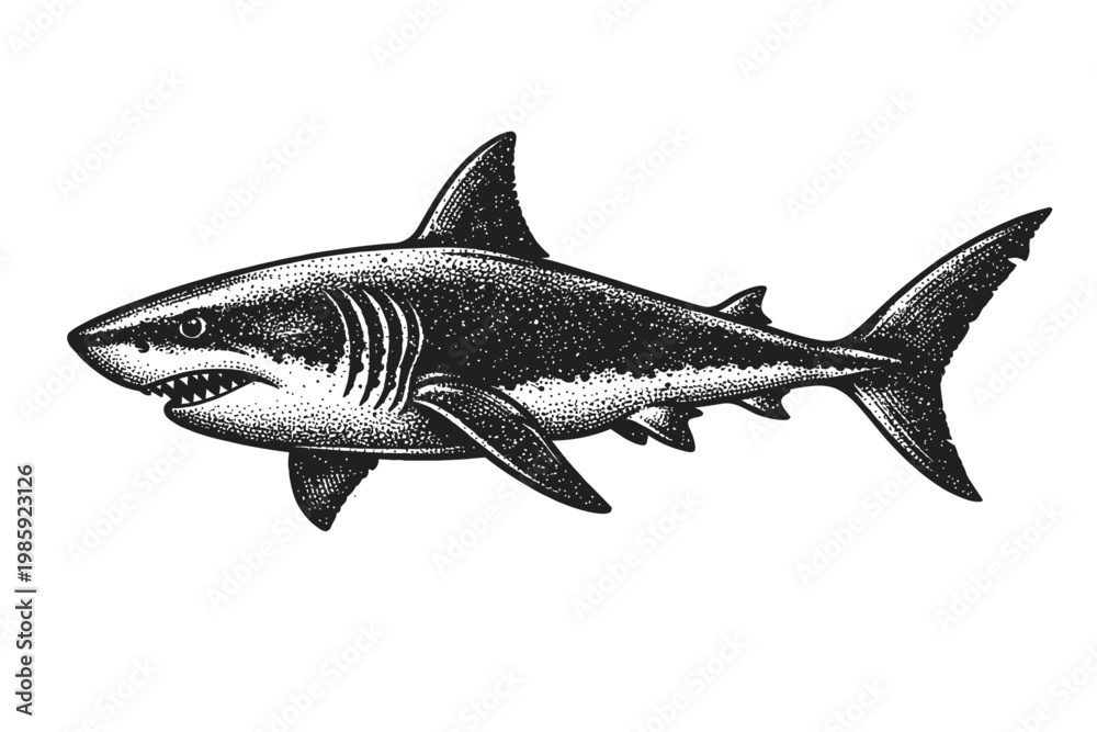 Obraz premium A black and white illustration of a shark with an open mouth and sharp teeth on a white background